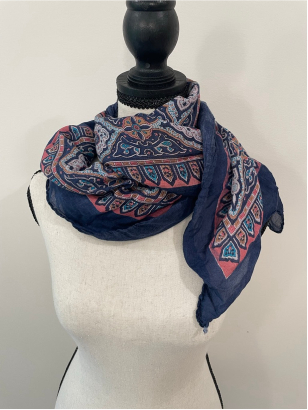 Boho Paisley Square Scarf Navy Pink Lightweight Wrap Shawl